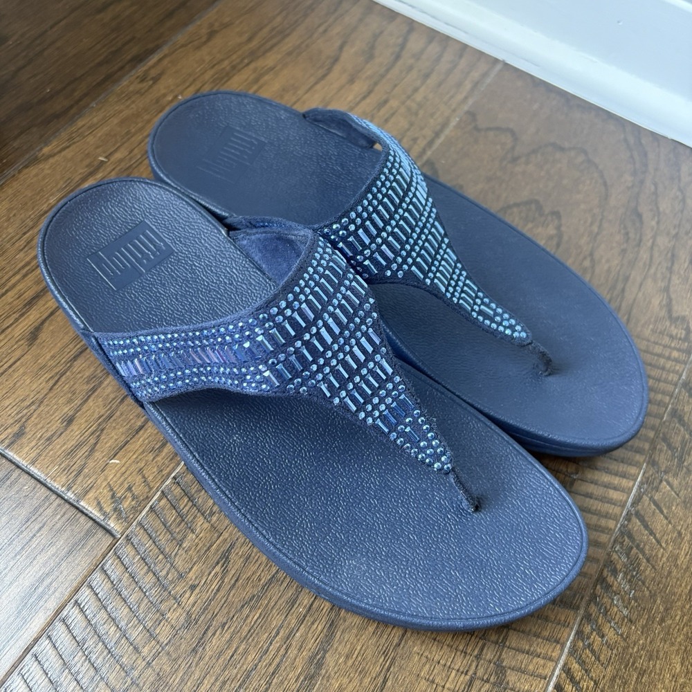 FitFlop Womens 9 Incastone Thong Wedge Sandals Navy Blue Studs Comfort Walking